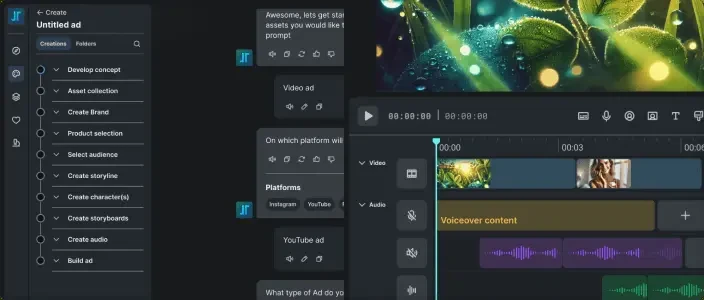 Bridge Media AI product visual showing the creative workflow, editing timeline and generation assistant