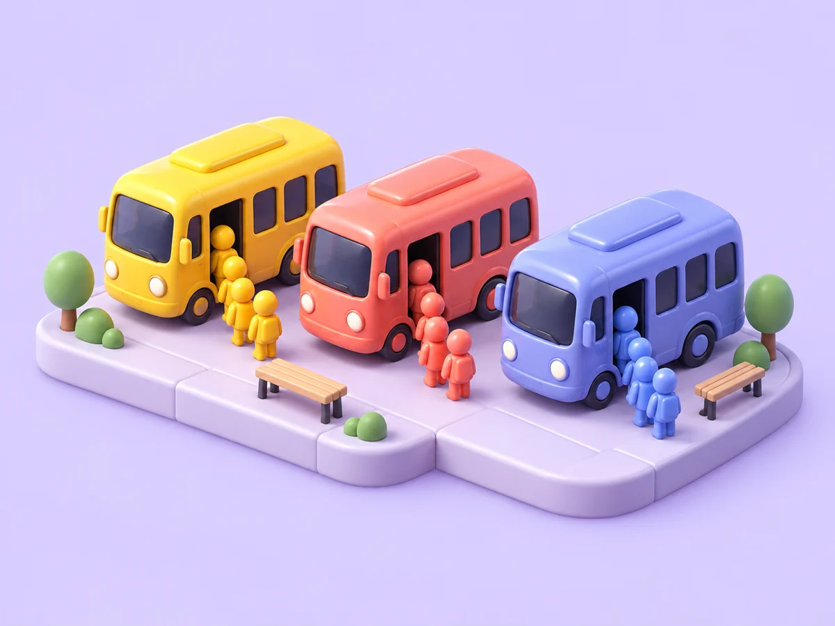 Concept artwork of colorful toy buses and passengers