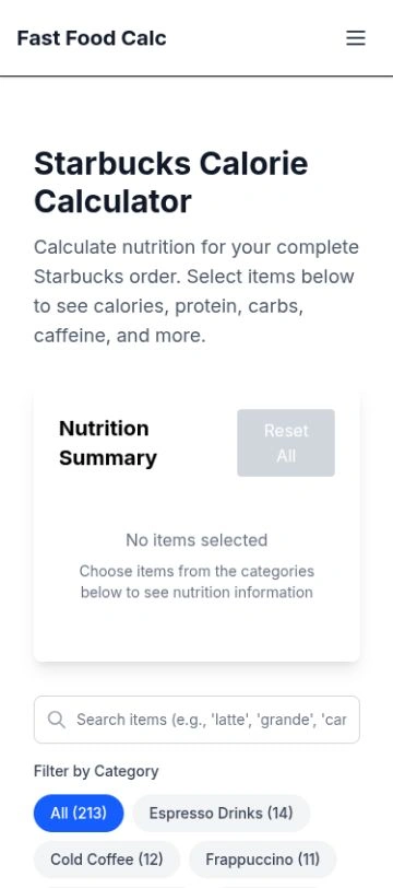 Fast Food Calc mobile website displayed on a phone